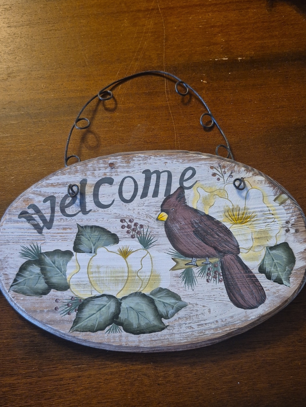Vintage Wooden Welcome Sign With Cardinal Berries Floral With Wire Hanger Rustic